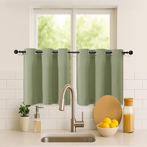 Image of Simplebrand Sage Green Short Kitchen Curtains 24 Inch Length 2 Panels Set, Small Windows Room Darkening Curtain for Bathroom, Cabinet, Basement, RV Camper, Thermal Insulated Short Drapes, 40 x 24 Inch