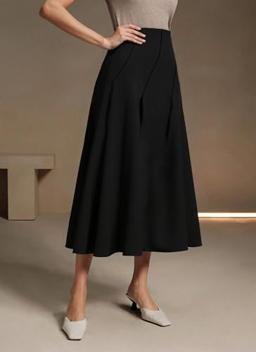POPZONE Women Basic Elastic High Waist Pleated Midi Skirt Solid Elegant Office Long Skirt Work Skirt4