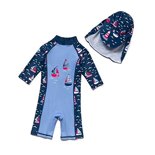 Baby Boy Sunsuits UPF 50+ One Piece 3/4 Sleeves Swimsuits Zipper with Sun Hat (3 Sailing, 3-6Months)