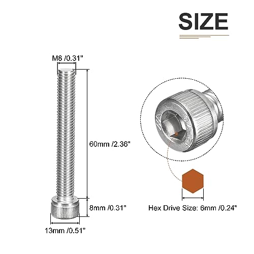 DTGN M8x60mm Socket Head Cap Screws Bolts, 10Pcs 304 Stainless Steel 18-8, Metric Machine Hex Socket Screw, Hex Drive - Image 2