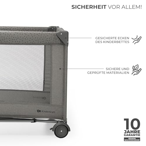 Kinderkraft Joy 2 Acc Kinderbett, 3 in 1 Kinderreisebett, Babybetten, Kinderbett, Reisebett, Modernes Design, Kleine Abmessungen nach Zusammenklappe, Praktisches Zubehör, Räder, Dunkelgrau