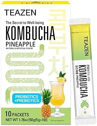Teazen Kombucha Tea, Zero Sugar, Sparkling Fermented Powdered Mix Beverage from Korea, Live Probiotics & Prebiotics, 10 Sticks, 1.76oz (Pineapple)