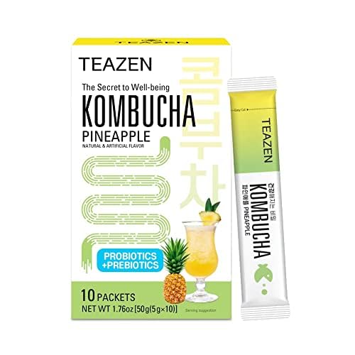 Teazen Kombucha Tea, Zero Sugar, Sparkling Fermented Powdered Mix Beverage From Korea, Live Probiotics & Prebiotics, 10 Sticks, 1.76Oz (Pineapple) #TOP14