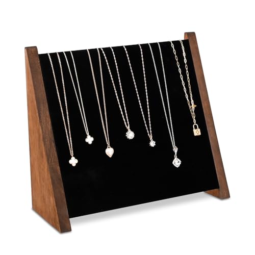 MOOCA Wooden Necklace Display Stand, Jewelry Holder, Jewelry Display for Up to 10 Necklaces, Black Suede with Adjustable-Length Hooks, Walnut Color, 11.4