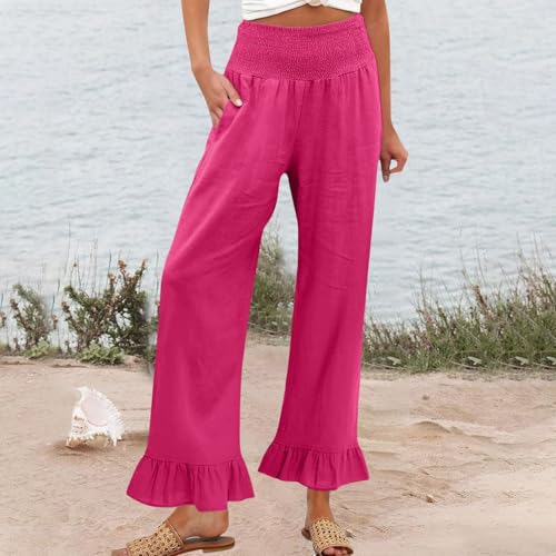 Image of Palazzo Pants for Women Linen Smocked Elastic Waist Ruffle Wide Leg Pants Summer Beach Flowy Boho Pant with Pockets