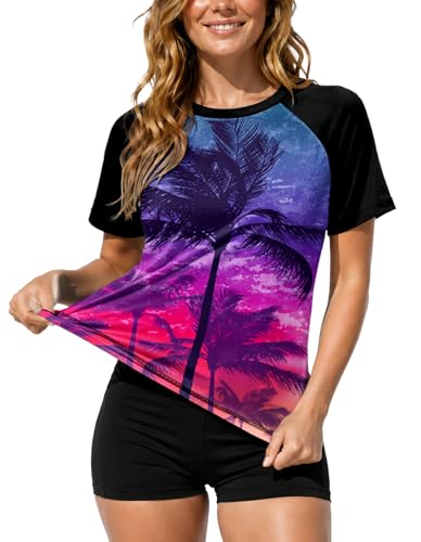 Image of AOBUTE Women Short Sleeve Rash Guard UPF 50+ Tropical Sun Protection Floral Swim Shirts