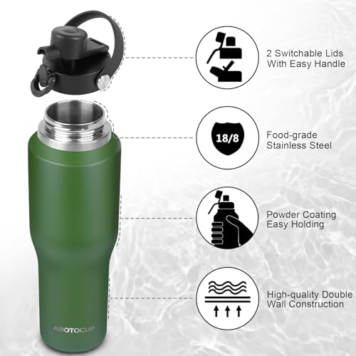 Image of ABOTOCUP 32oz Water Bottle Insulated with Powder Coated, Fit in Any Car Cup Holder, Water Bottles with Straw and Spout Lids, Stainless Steel Insulated Double Wall Leak-proof BPA Free to Keep Cold&Hot