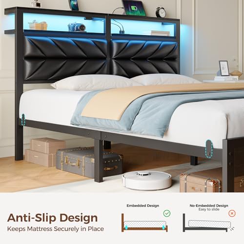 Image of Seventable Full Size Bed Frame with Charging Station & LED Lights, Upholstered Headboard with 2-Tier Storage Shelves, Metal Platform with Under Bed Storage, No Box Spring Needed, Easy Assembly, Black