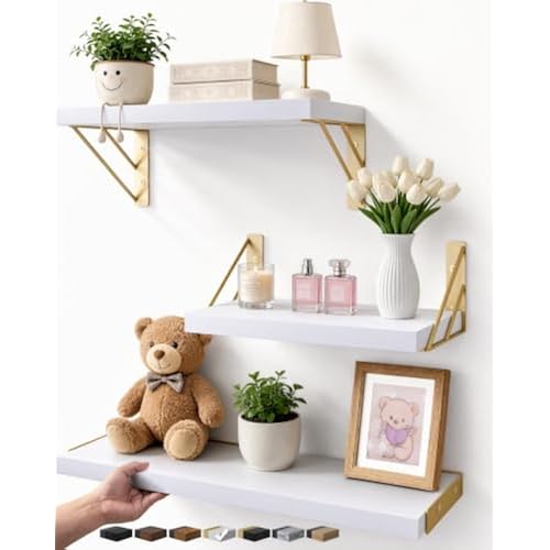 BAYKA Wall Shelves for Bedroom Decor, Floating Wall Shelves for Living Room Kitchen Storage, Wall Mounted Rustic Wood Shelves for Kids Books,Corner Shelves for Bathroom(White and Gold，Set of 3)
