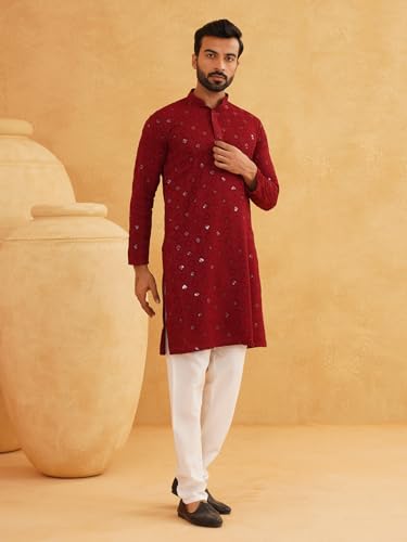Image of SOJANYA (Since 1958 Men's Cotton Embroidered Sequinned Kurta with white Churidaar Pyjama
