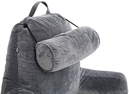 Husband Pillow Xxl Dark Grey Backrest With Arms - Adult Reading Pillow Shredded Memory Foam, Ultra-Comfy Removable Microplush Cover & Detachable Neck Roll, Unmatched Support Bed Rest Sit Up Pillow #TOP6