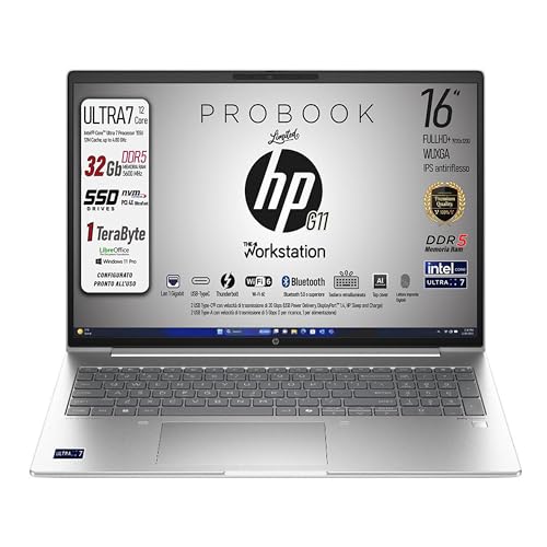 HP Notebook Portatile G11, Intel Core Ultra 7 155U, 12Core, SSD Pci 1Tb, Display IPS WUXGA 16', 32 Gb DDR5 5600MHz, Wi-Fi6, Thunderbolt, lan, fingerprint,Tastiera Retroilluminata, Win 11Pro
