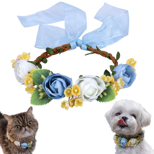 Dog Wedding Outfits PAWLARISPETS Pet Wedding Flower Collar Dog Wedding Attire Wreath Bow Blue Cat Floral Crown with Adjustable Ribbon for Dogs Cats Puppies Bunnies for Wedding Ceremony Party Photoshoot (Size L)