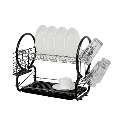 SQ Professional 2 Tier Dish Drainer Rack with Drip Tray (Metallic Black)