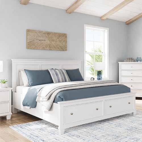 Image of Signature Design by Ashley California King Bed Frame with Storage, White | Hardwood solids and MDF, 2 footboard drawers, Roll slats included, White painted finish, Fortman Series