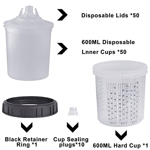 Aflybltol Disposable Paint Sprayer Mixing Cup For Automotive Paint Gun, Hvlp Paint Spray Paint Gun 20 Ounce (600Ml) Kit With 50 Cups And Lids System, 1 Hard Cup With Retainer Ring And 10 Plugs #TOP2