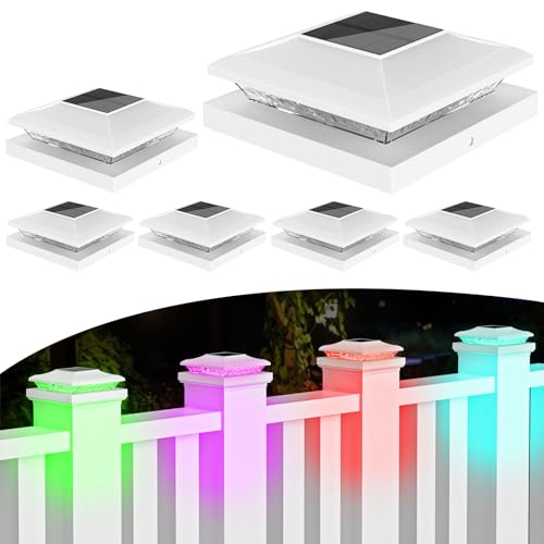 TSUNESLUX Solar Post Cap Lights Outdoor with RGB Color Changing - 6 Pack White Fence Post Solar Powered Lights IP65 Waterproof Fits for 5x5 5.5x5.5 Vinyl Posts, Decorating Yard Deck Fence Patio