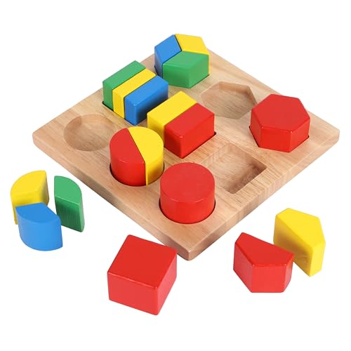 TOWO Wooden Geometric Shapes Stacking Rings and Fractions Boards 8 in 1 Set Puzzles- Shape Sorter Sorting Toy Stacking Game – Montessori Materials Educational Learning Toys for 3 4 5 6 Years
