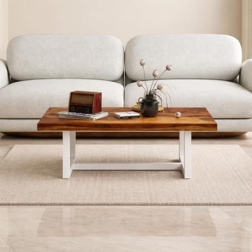 Image of Centre tabel /Tea Table Solid Wood Coffee Table for Living Room Wooden with White Metal Frame - Modern Rosewood and Teak, Coffee Table for Living Rooms bedrooms, & Apartments