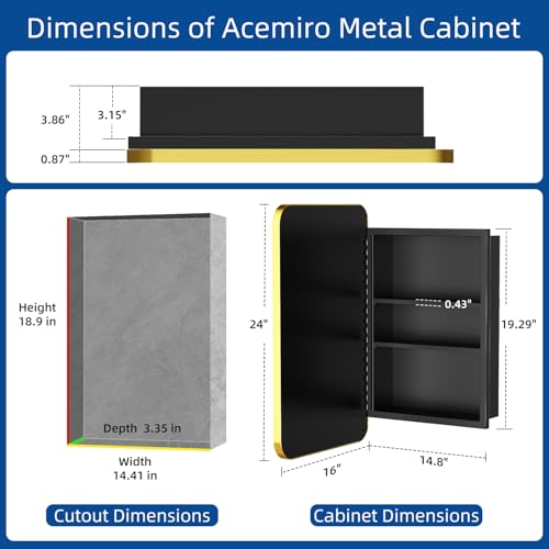 Image of ACEMIRO 16x24 Inch Mirror Medicine Cabinet for Bathroom Gold Metal Frame Bathroom Medicine Cabinet with Mirror Recessed or Wall Mounted