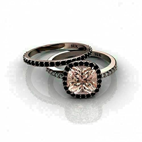 Cushion & Round Cut Morganite & Black Diamond Women's Engagement Bridal Ring Set 925 Sterling Silver 14K Rose Gold Finish