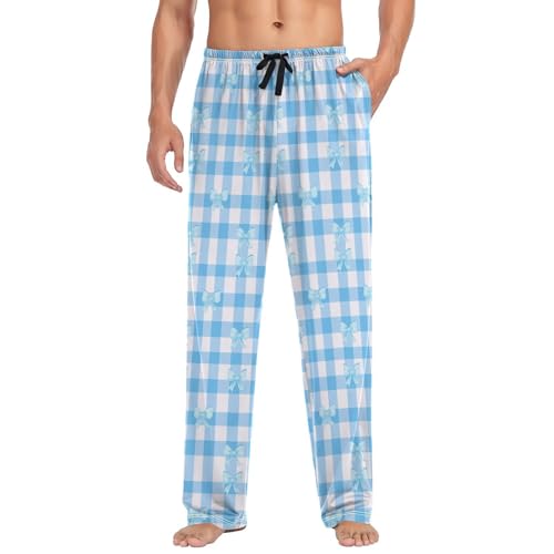 Men’s Blue and White Checkered Bows Pajama Pants with Pockets, Comfortable Lounge Sleep Bottoms#6673