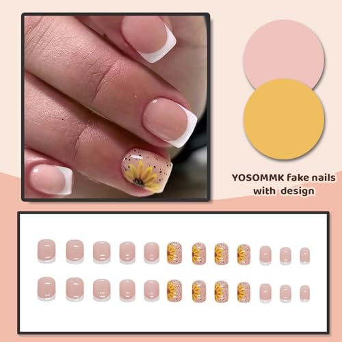 YOSOMMK French Tip Press On Nails Short Square Fake Nails with Sunflower Designs Acrylic False Nail Simple Full Cover Stick on Nail for Women and Girls - Image 4