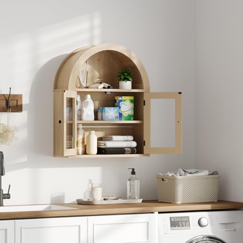 Image of ChooChoo Arched Wall Cabinet with Acrylic Doors, Bathroom Cabinet Wall Mount Over The Toilet with Display Shelf, Wooden Storage Cabinet for Kitchen, Living Room or Entryway, Natural