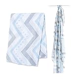 Lulujo Baby Bamboo Muslin Swaddling Blanket, Chevron/Blue/Grey, 47
