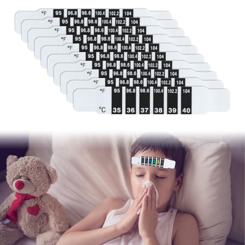 10 PCS Forehead Thermometer Strips, with Liquid Crystal Display Reusable Quick Read Fever Thermometer Stickers Set Safe Non-Toxic for Babies Toddlers Kids Elderly