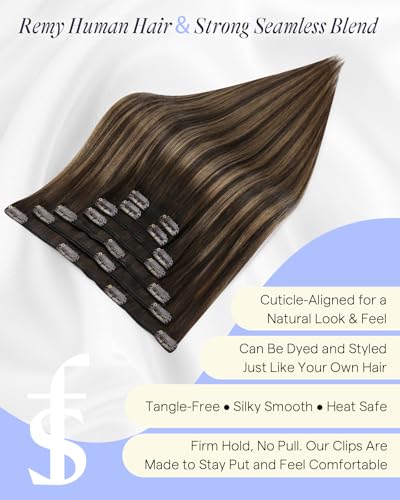 Image of Full Shine Dark Brown Clip in Hair Extensions, 18 Inch 135g 7Pcs | Balayage Dark Brown to Ash Brown Hair Extensions Clip ins, Thick Remy Hair, Full Head Look, Office to Weekend Styles