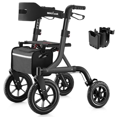 Image of MAXWALK Walkers for Seniors, Foldable Rollator Walker with Seat & Backrest | 12 inch Large All-Terrain Rubber Wheels, Height Adjustable, Aluminum Frame, Cup Holder, Elderly Walking Aid, Easy Assembly, Black