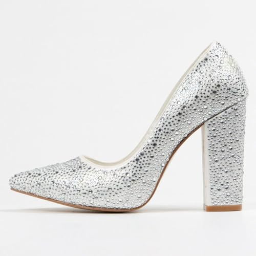 FSJ Women Luxury Pearl Studded Pointed Toe Pumps Chunky Block High Heel Sparkly Rhinestone Embellished Slip On Wedding Party Formal Event Shoes Size 4-16 US2