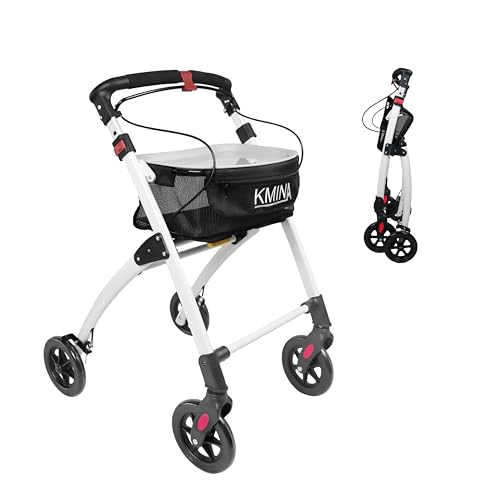 KMINA Rollator Schmal für Wohnung Indoor Rollator Faltbar und Leicht mit Tablett Mobilitätshilfe für Senioren aus Aluminium Gehgestell mit Korb Wendiger Wohnungsrollator - Modell PRO