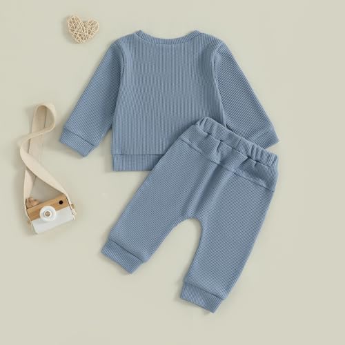 Infant Fall Winter Outfit Waffle Baby Boy Clothes Letter Long Sleeve Sweatshirt and Stretch Pants 6 12 18 24M Set3