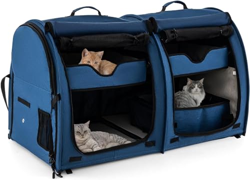 GYMAX Transportín Doble Plegable, Caja de Transporte con Cojín, Hamaca y Bandeja Sanitaria, Bolsa de Transporte Portátil para Perros y Gatos, Caseta para Mascotas para Viajes y Camping (Azul)