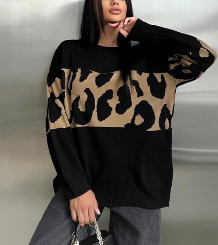 chouyatou Women 2025 Fall Leopard Print Pullover Sweater Crewneck Oversized Color Block Sweater Jumper Top4
