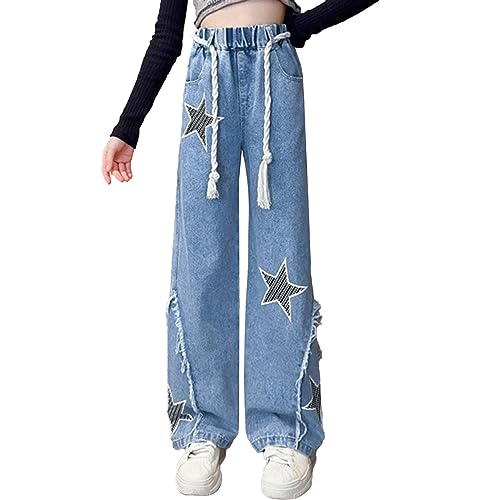 Girls Fashion Stars Print Ripped Jeans Kids High Waist Denim Pants Wide Leg Trousers Straight Jeans Casual Streetwear
