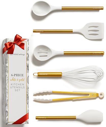 Image of White Silicone and Gold Cooking Utensils for Modern Cooking and Serving, Stainless Steel Gold Serving Utensils - Spatulas for Non Stick Cookware