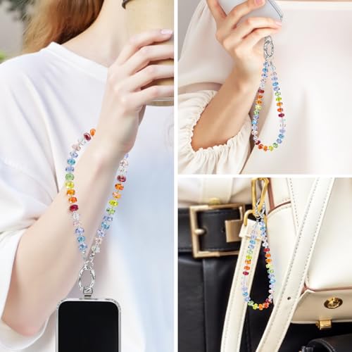 Image of TENOC Beaded Phone Wrist Strap, Rainbow | Cellphone Lanyard Chain, Sparkling Wristlet Bracelet, For Women