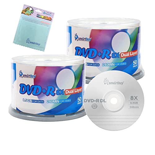 Smartbuy 100-disc 8.5GB/240min 8X DVD+R DL Logo Top Blank Media Record Disc + Free Micro Fiber Cloth