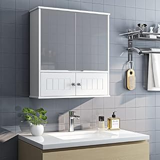 HOCSOK Bathroom Cabinet Double Mirror Doors, Mirror Cabinet with Adjustable Shelves, Modern Wall Mounted Toilet Cupboard Storage Unit, 60 x 17.5 x 55 cm, White