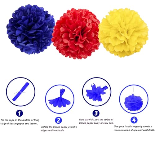 Image of We Moment Red, Blue and Yellow for Theme Paper Pom Poms Decorations for Birthday Party Ceiling Wall Hanging Tissue Flowers Decorations 12pcs 3 Colors of 12 Inch 10 Inch