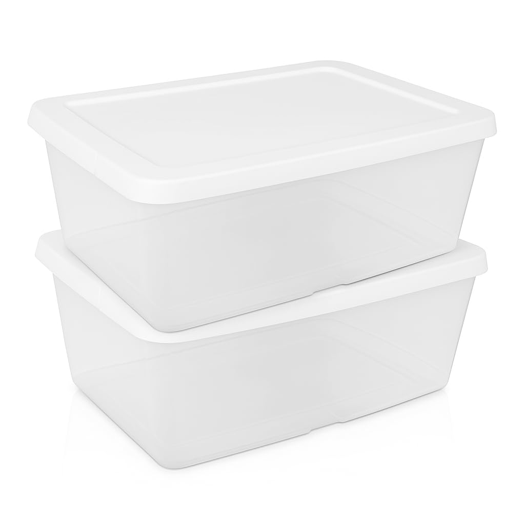 12 Quart Clear Storage Boxes with Snap-On Lids Set of 2 Durable Plastic Bins with White Handles Stackable