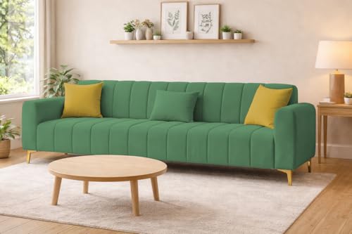 Image of Casaliving Velour Modern Velvet Sofa, Tufted Design Upholstered 3 Seater Sofa Set for Living Room, (Green Colour) Premium Velvet Fabric Sofa