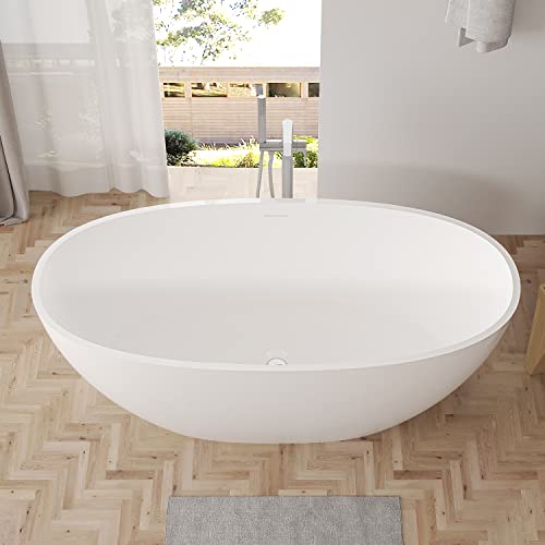 Artstone 67 Inch Freestanding Bathtub With Overflow And Pop-Up Drain, Classic Oval Shaped Stone Resin Freestanding Soaking Tubs, Solid Surface Stand Alone Tubs, White #TOP26