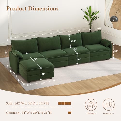 Image of Vesgantti 142 inch Cloud Couch Sectional Modular Sofa, Comfy Sectional Couch with Ottoman Deep Seat Chenille L Shaped Sofa, Modular Couches for Living Room, Bedroom and Apartment, Green