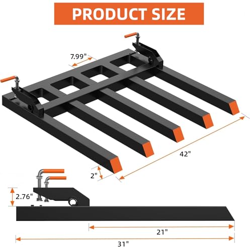 Garvee Clamp on Debris Forks Fit 48" Bucket, 2500 LBS Capacity Heavy Duty 5 Fork Tines Clamp-on Pallet Forks Tractor Bucket Forks for Skid Steer Loader Tractor