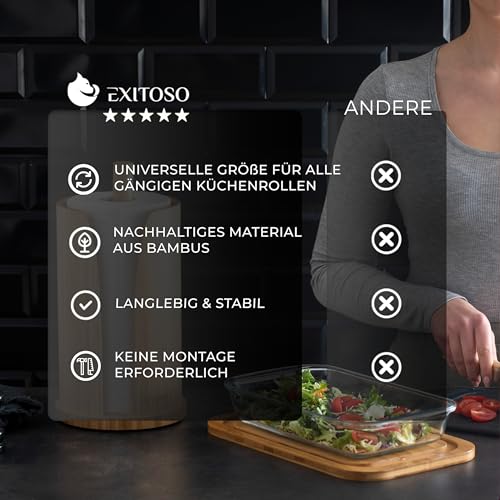 Foto von EXITOSO Küchenrollenhalter Bambus - Halter Küchenrolle Edelstahl - Küchentuchhalter - Küchenrollenhalter stehend - Küchenpapierhalter - Küchenrollenhalter Holz - Papierrollenhalter Küchenrolle