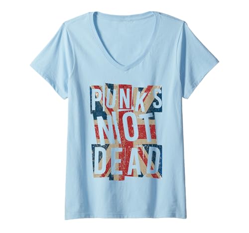 Femme Punks Not Dead - Vintage - UK London Flag - Punk is Not Dead T-Shirt avec Col en V